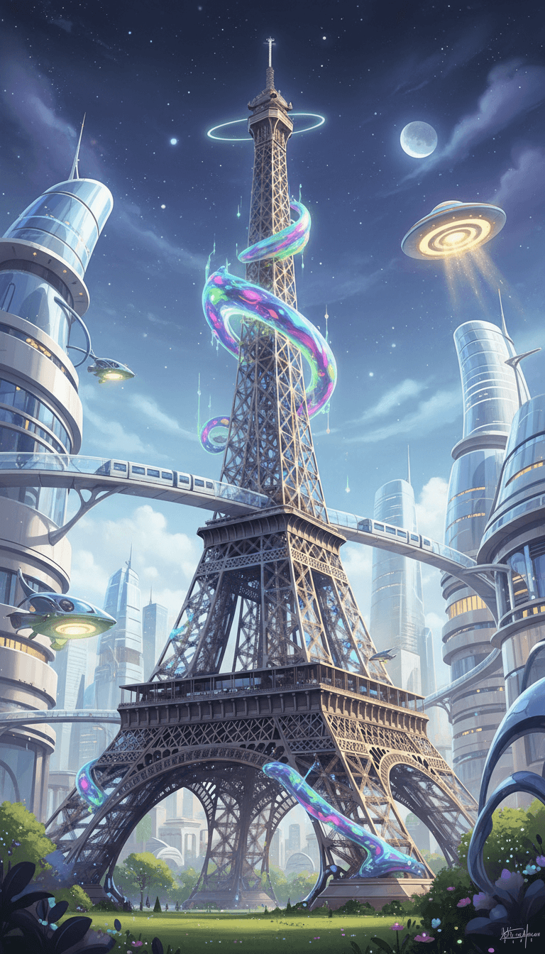 외계 에너지를 띠고 미래 도시 속에 우뚝 선 기발한 SF 에펠탑.