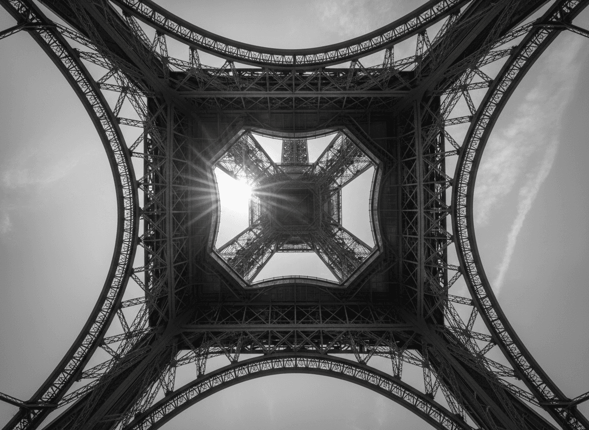에펠탑 구조물을 올려다보는 로우 앵글 뷰.