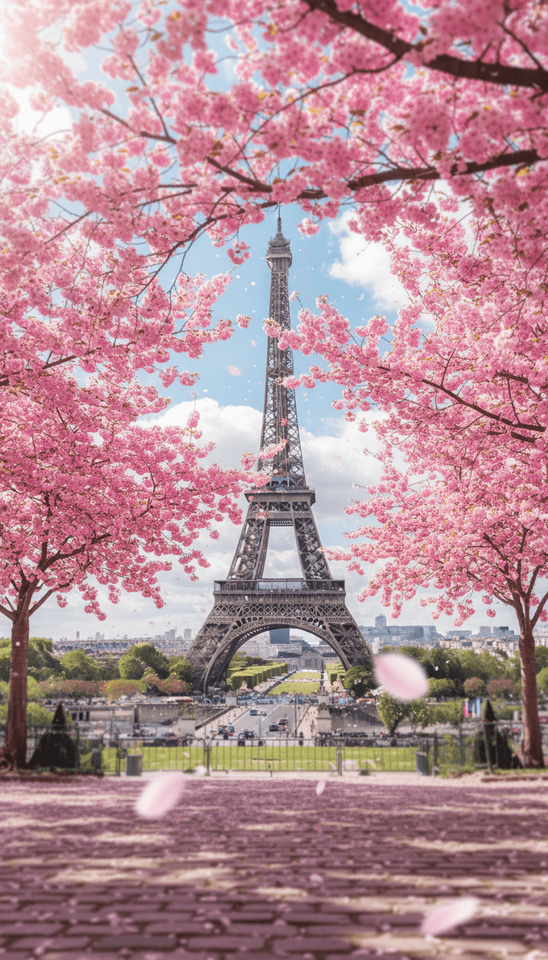 활짝 핀 분홍빛 벚꽃 사이로 보이는 햇살 가득한 봄날의 에펠탑.