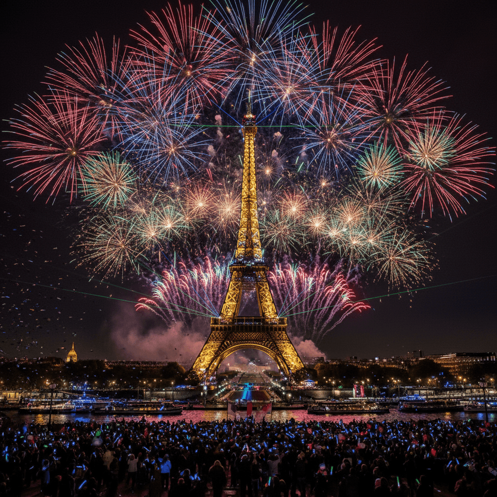 밤하늘 불꽃놀이 속 에펠탑.