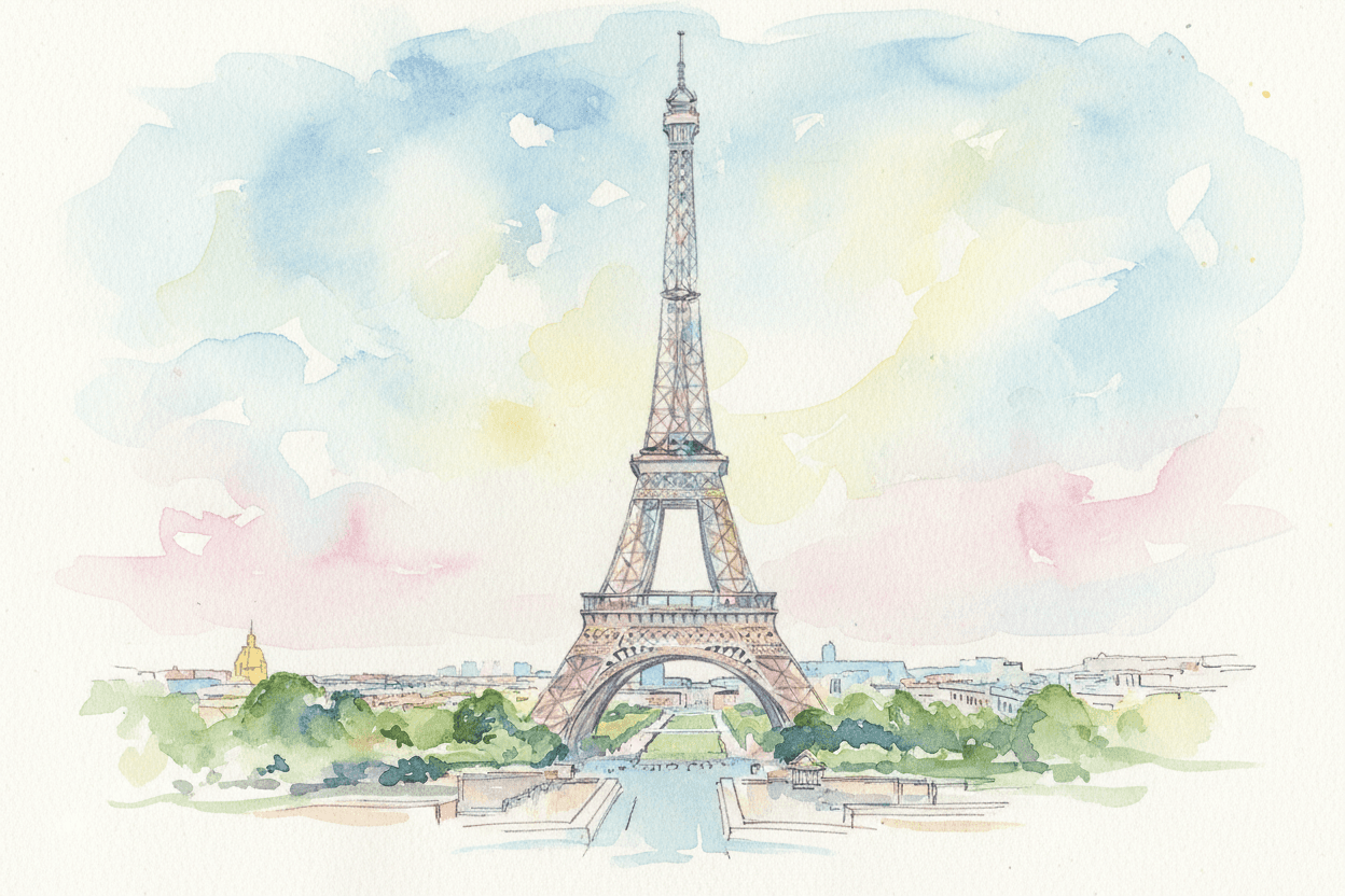 몽환적이고 로맨틱한 분위기의 에펠탑 수채화 그림.