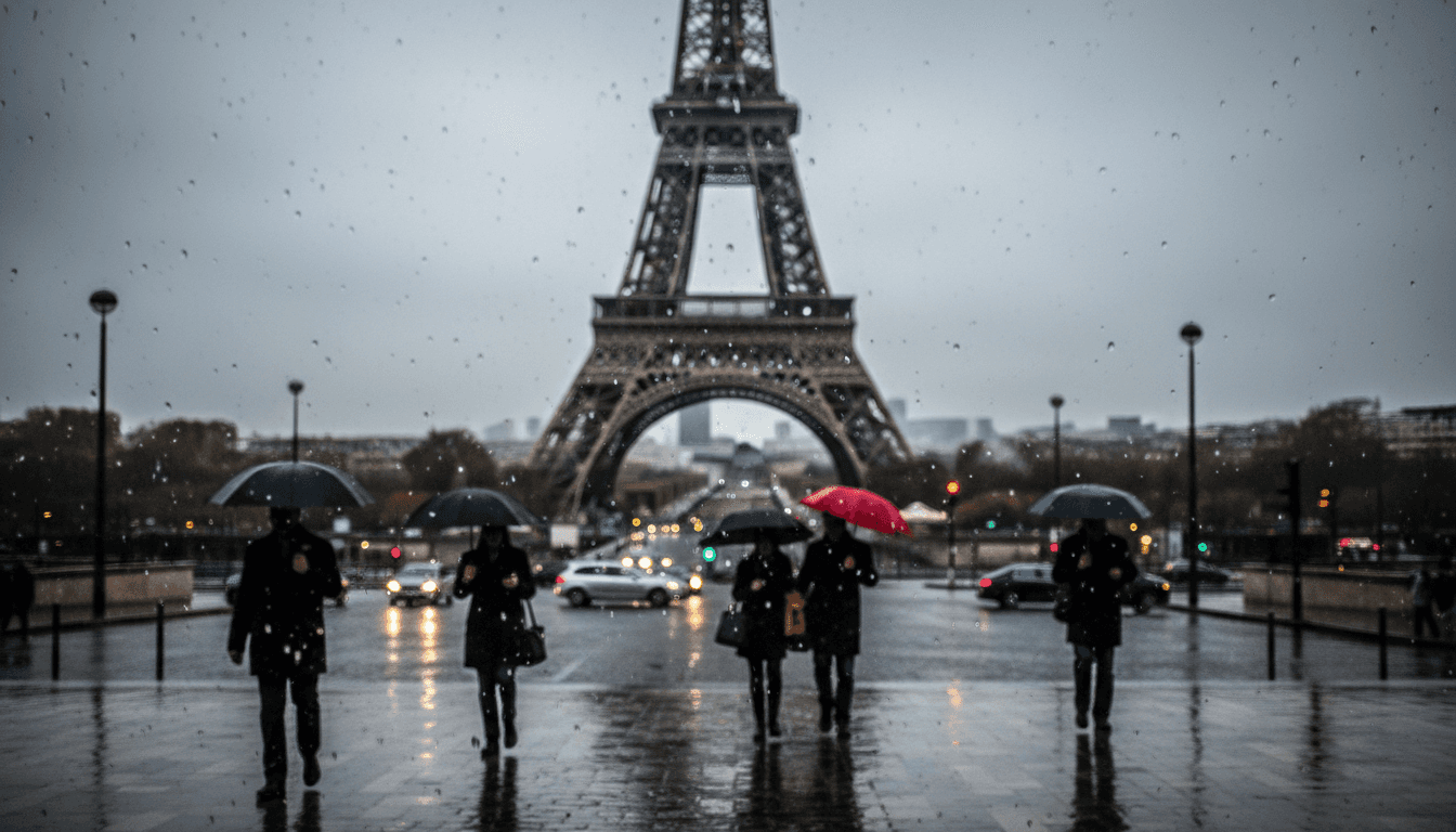 비 오는 파리의 에펠탑, 젖은 자갈길이 도시의 불빛을 반사한다.