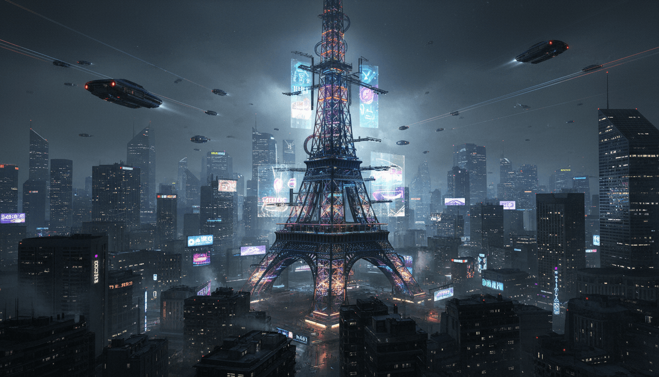 네온 불빛과 비행체로 둘러싸인 사이버펑크 미래 도시의 에펠탑.
