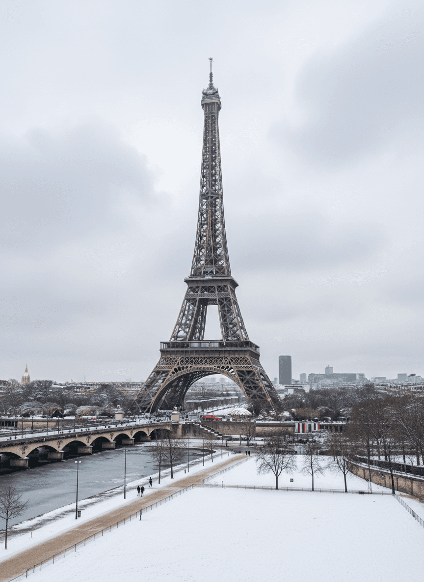 고요한 겨울날, 가볍게 눈 덮인 에펠탑.