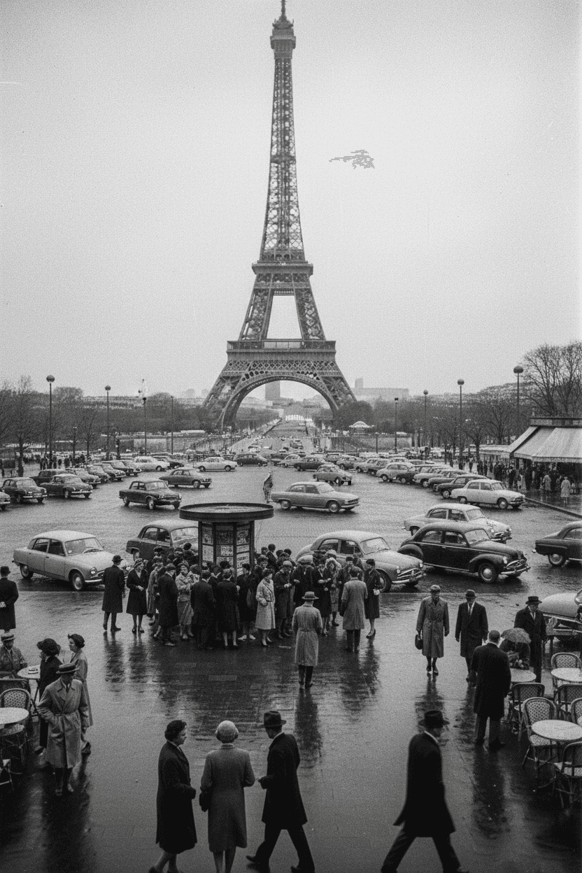 1950년대 파리의 활기찬 거리에 서 있는 에펠탑의 빈티지 흑백 사진.