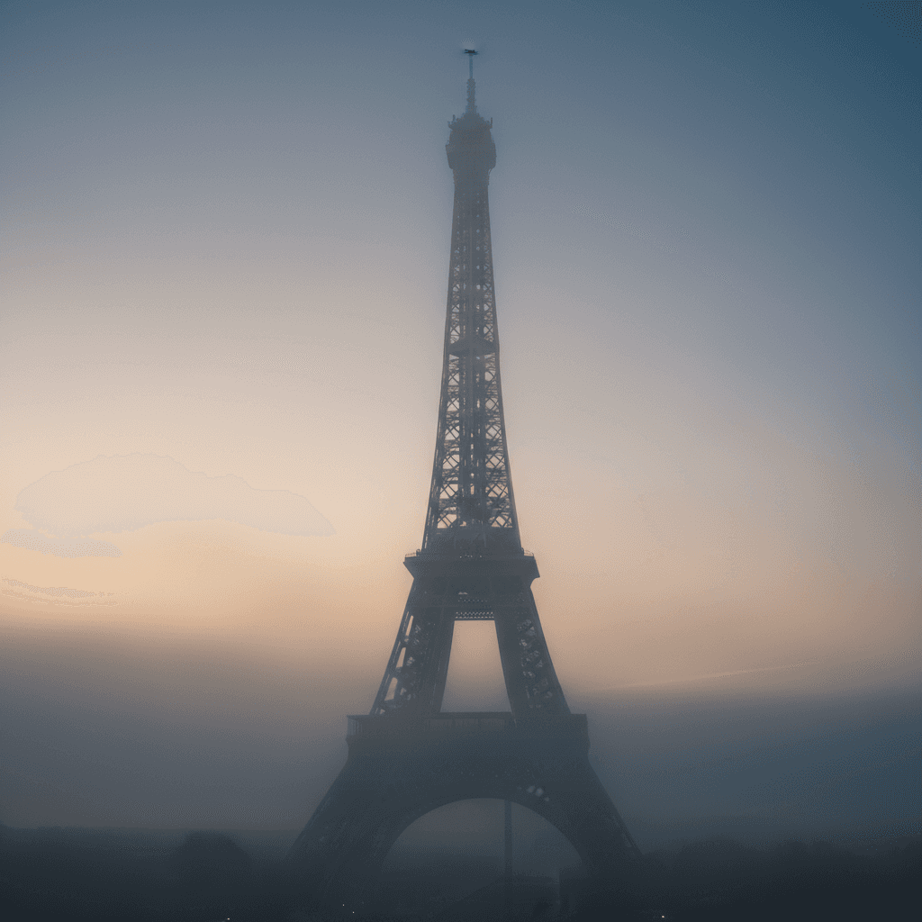 짙은 아침 안개 속에서 상단부가 어렴풋이 드러나는 신비로운 에펠탑.