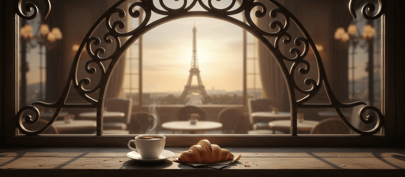 파리 카페 창문 너머로 보이는 에펠탑.
