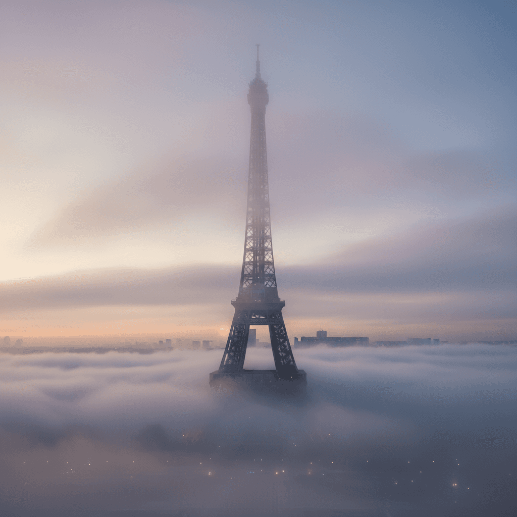 짙은 아침 안개 속에서 신비롭게 나타나는 에펠탑.