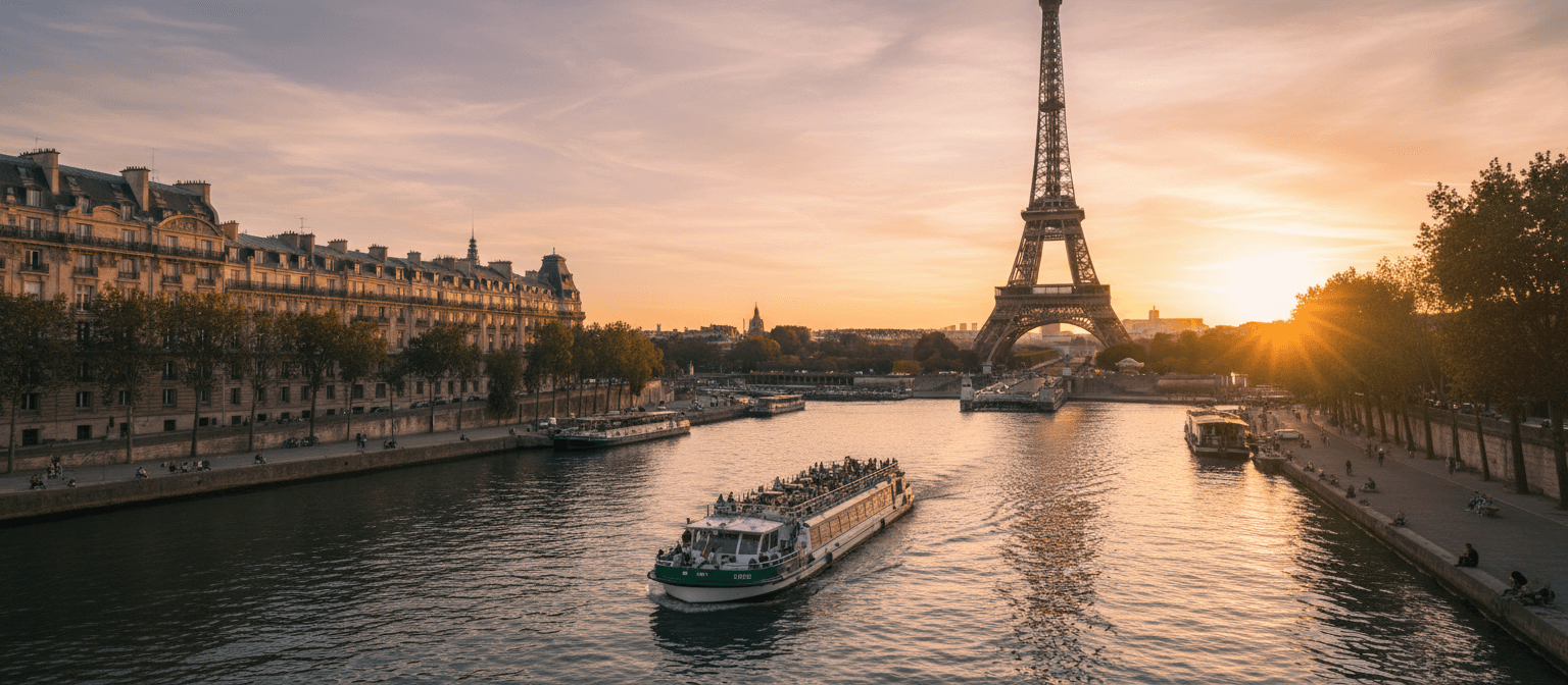 황금 시간대에 센 강에 비치는 에펠탑, 고요하고 웅장한 장면.