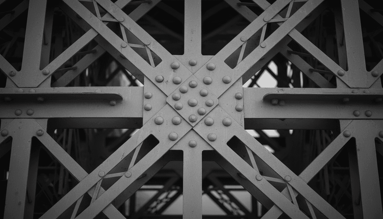 에펠탑의 복잡한 철제 격자 구조와 리벳을 상세하게 보여주는 흑백 클로즈업 사진.