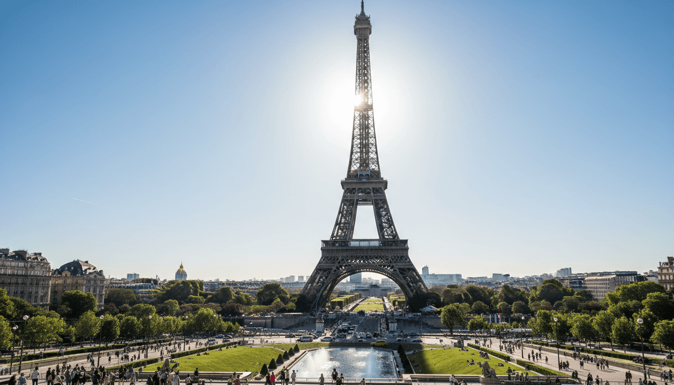 화창한 날 에펠탑의 초고화질 사진.