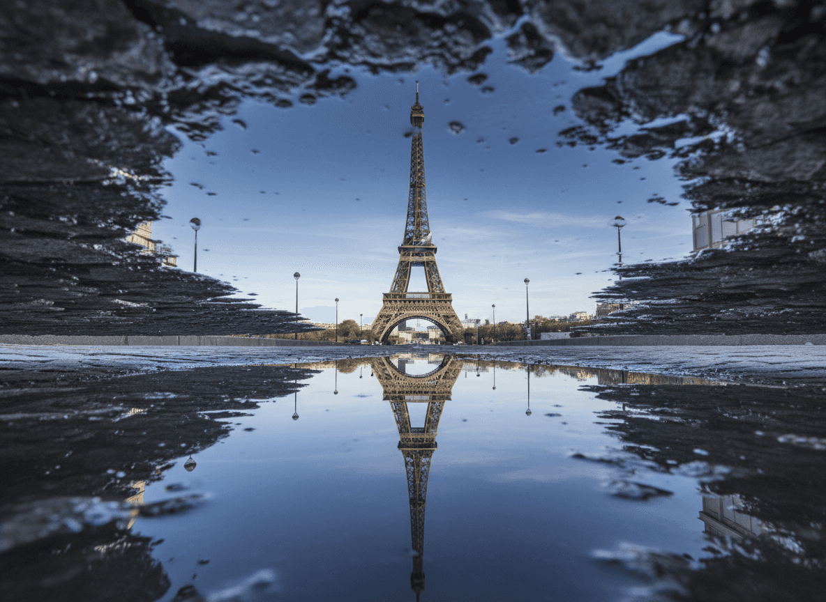 비 온 뒤 웅덩이에 비친 에펠탑.