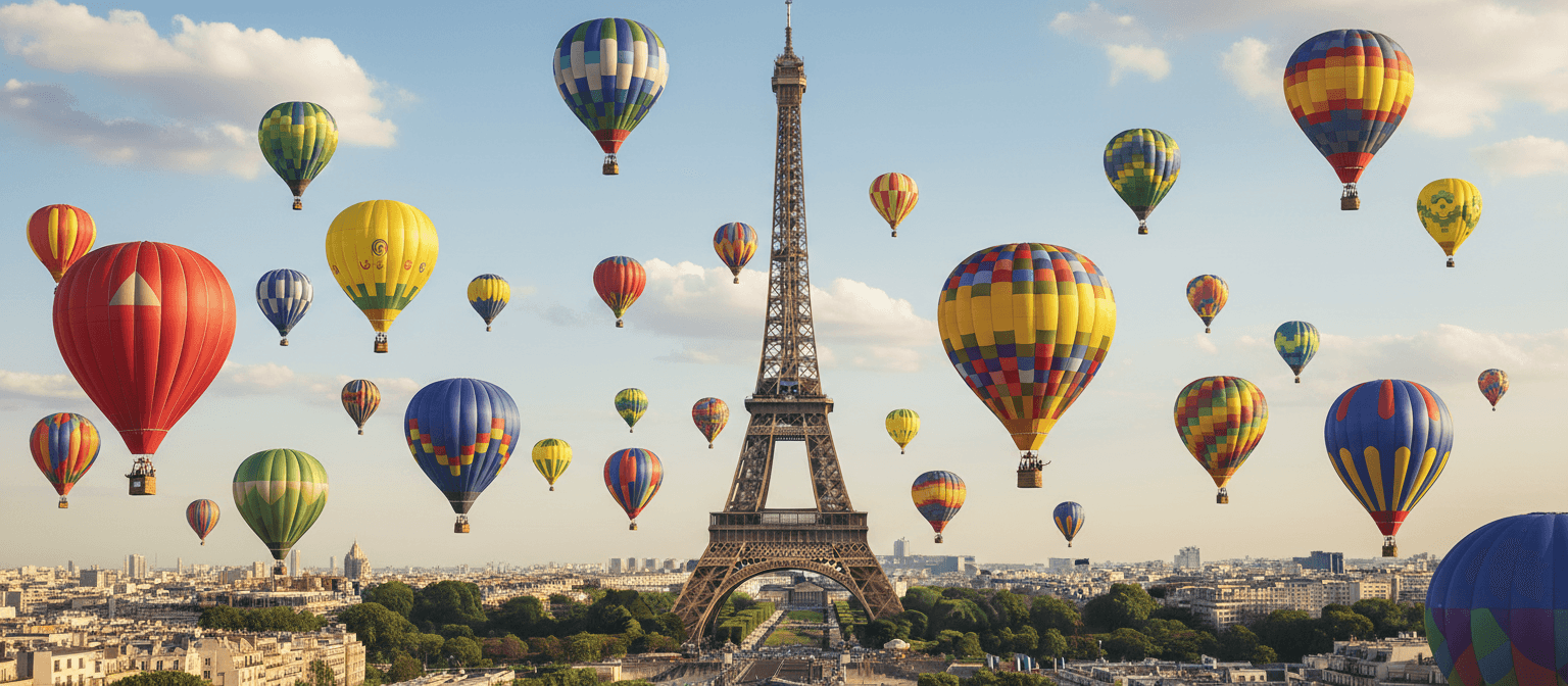 수많은 다채로운 열기구들이 파리 하늘에 떠다니는 에펠탑 주변의 기발한 풍경.