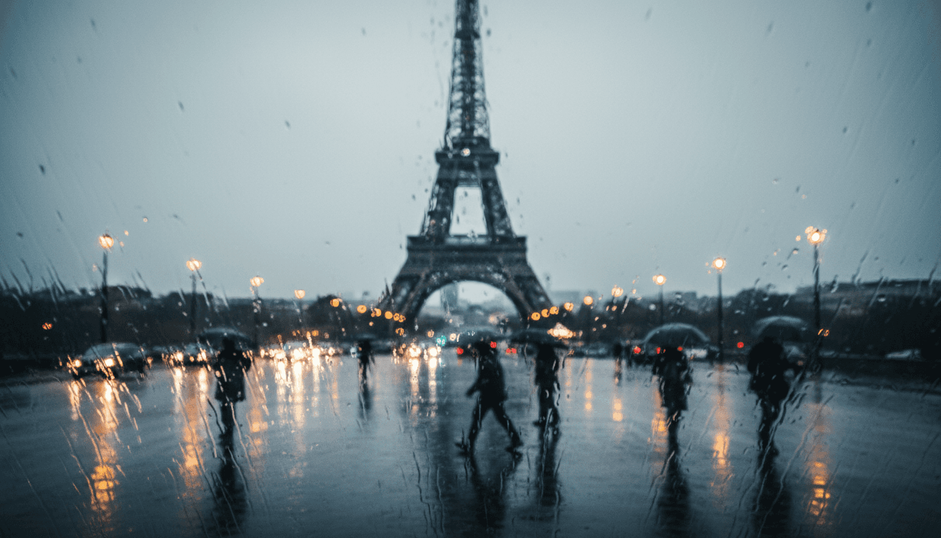억수같이 쏟아지는 빗속에서 보이는 에펠탑, 흐릿한 불빛과 우울한 분위기.