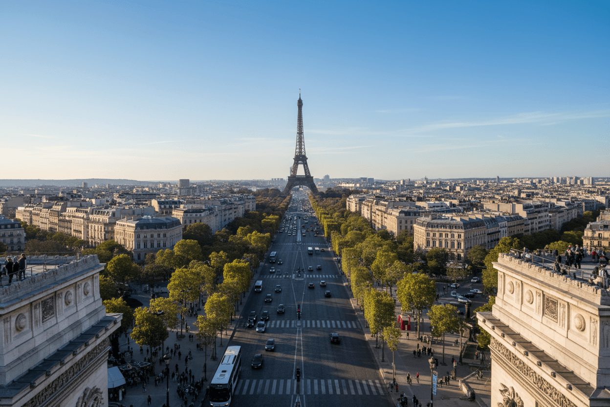 개선문 꼭대기에서 샹젤리제 거리를 따라 멀리 보이는 에펠탑.