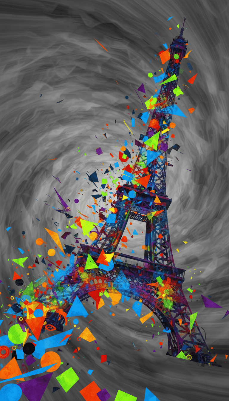 생생한 색상과 기하학적 형태로 재구성된 추상적인 에펠탑 작품.