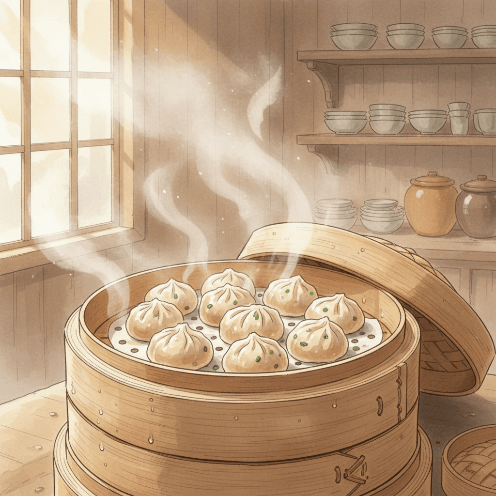 대나무 찜기에 김이 오르는 전통 만두의 분위기 있는 일러스트.