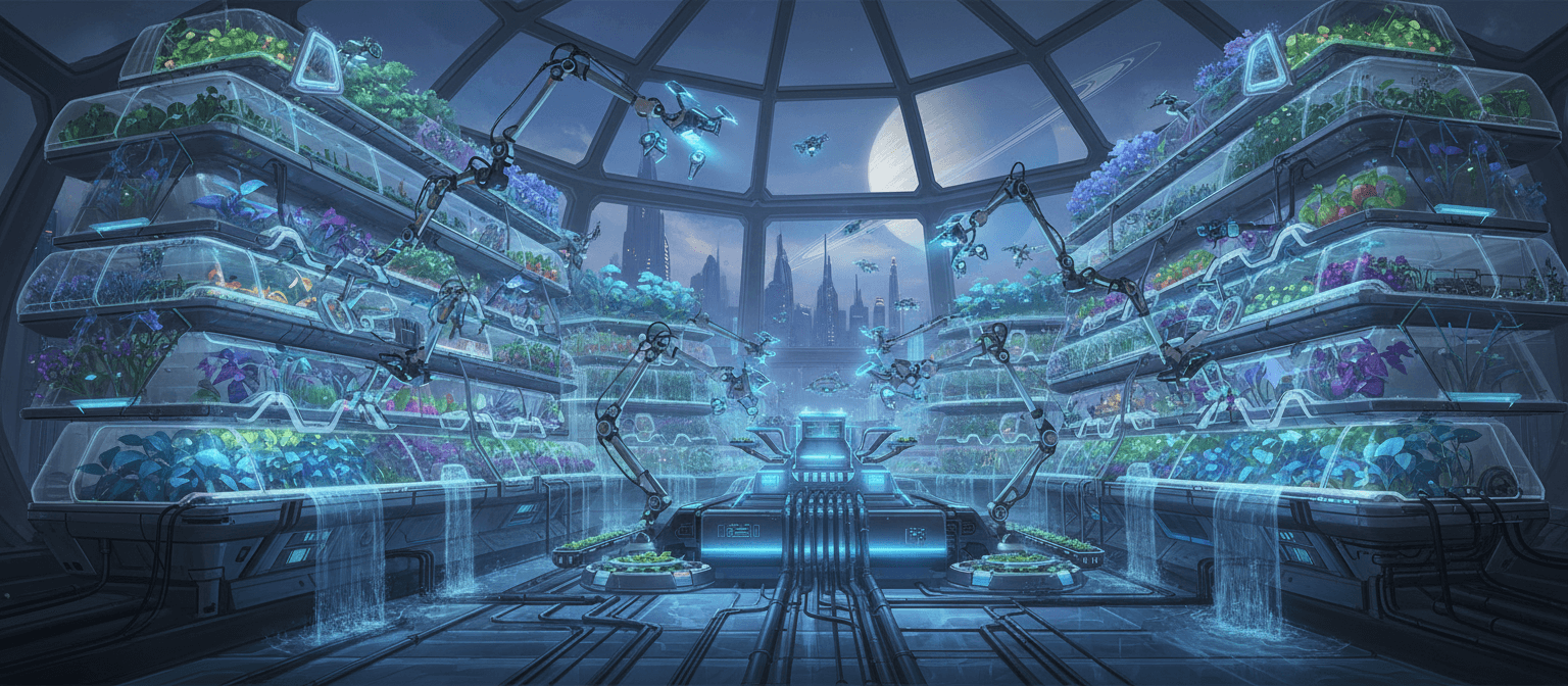 미래형 수경 재배원에서 자라는 음식을 묘사한 SF 테마 일러스트.