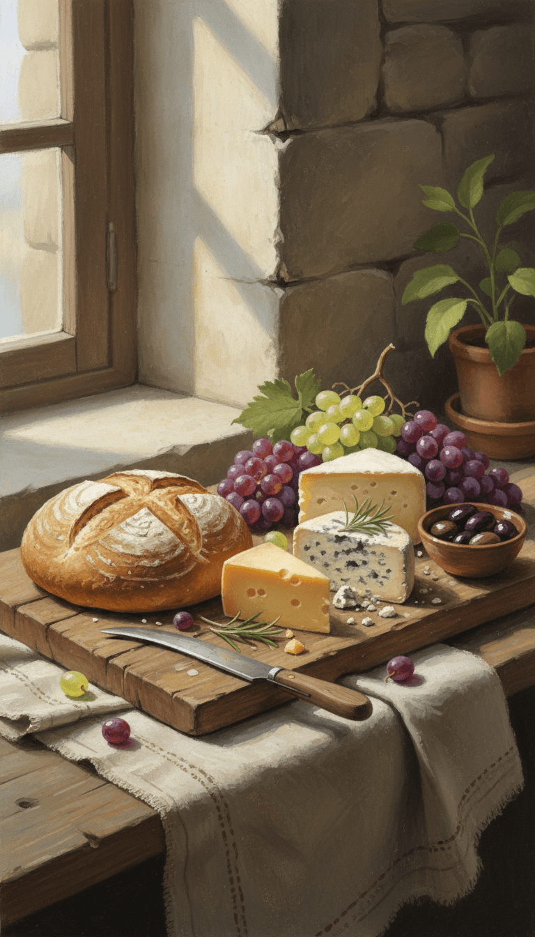 나무 도마에 놓인 갓 구운 빵, 치즈, 포도의 소박한 과슈 일러스트레이션.