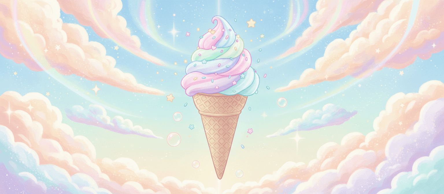 마법 같은 구름 배경에 떠다니는 아이스크림 콘의 꿈결 같은 파스텔 일러스트.