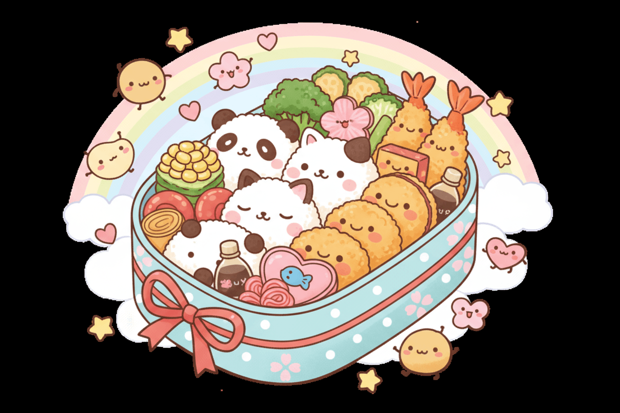 동물 모양 음식이 담긴 도시락의 매우 귀여운 카와이 스타일 일러스트.