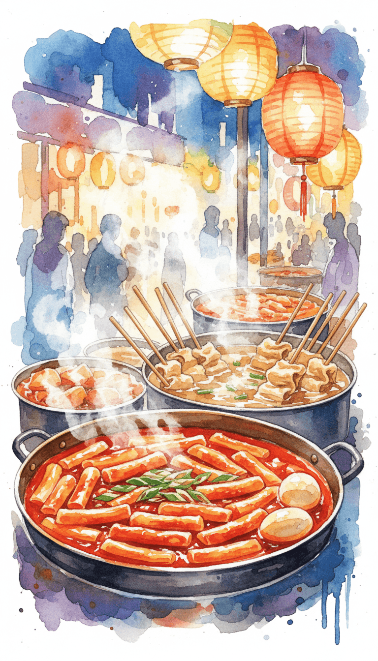 김이 모락모락 나는 한국 길거리 음식을 묘사한 생생한 수채화 일러스트.