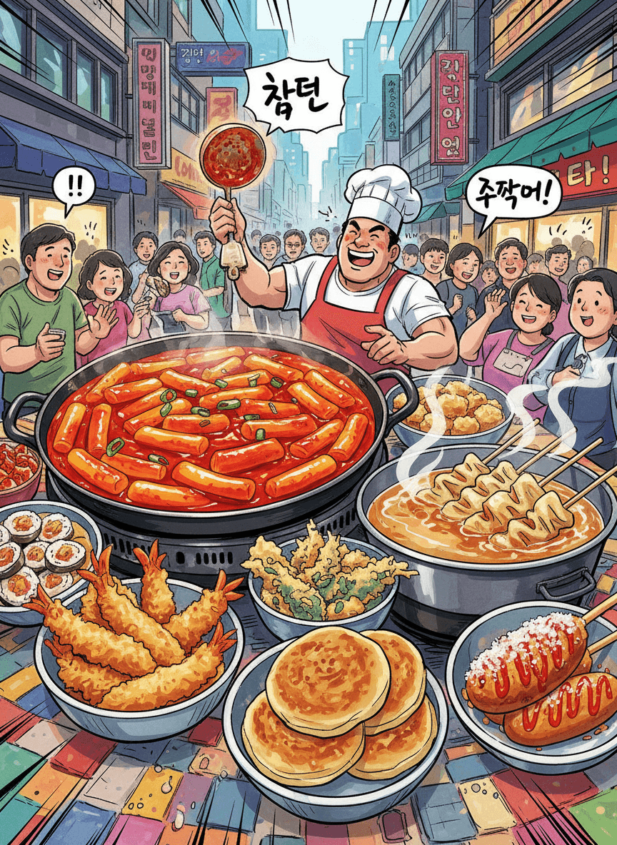 다채로운 한국 길거리 음식을 묘사한 역동적인 카툰 일러스트레이션.