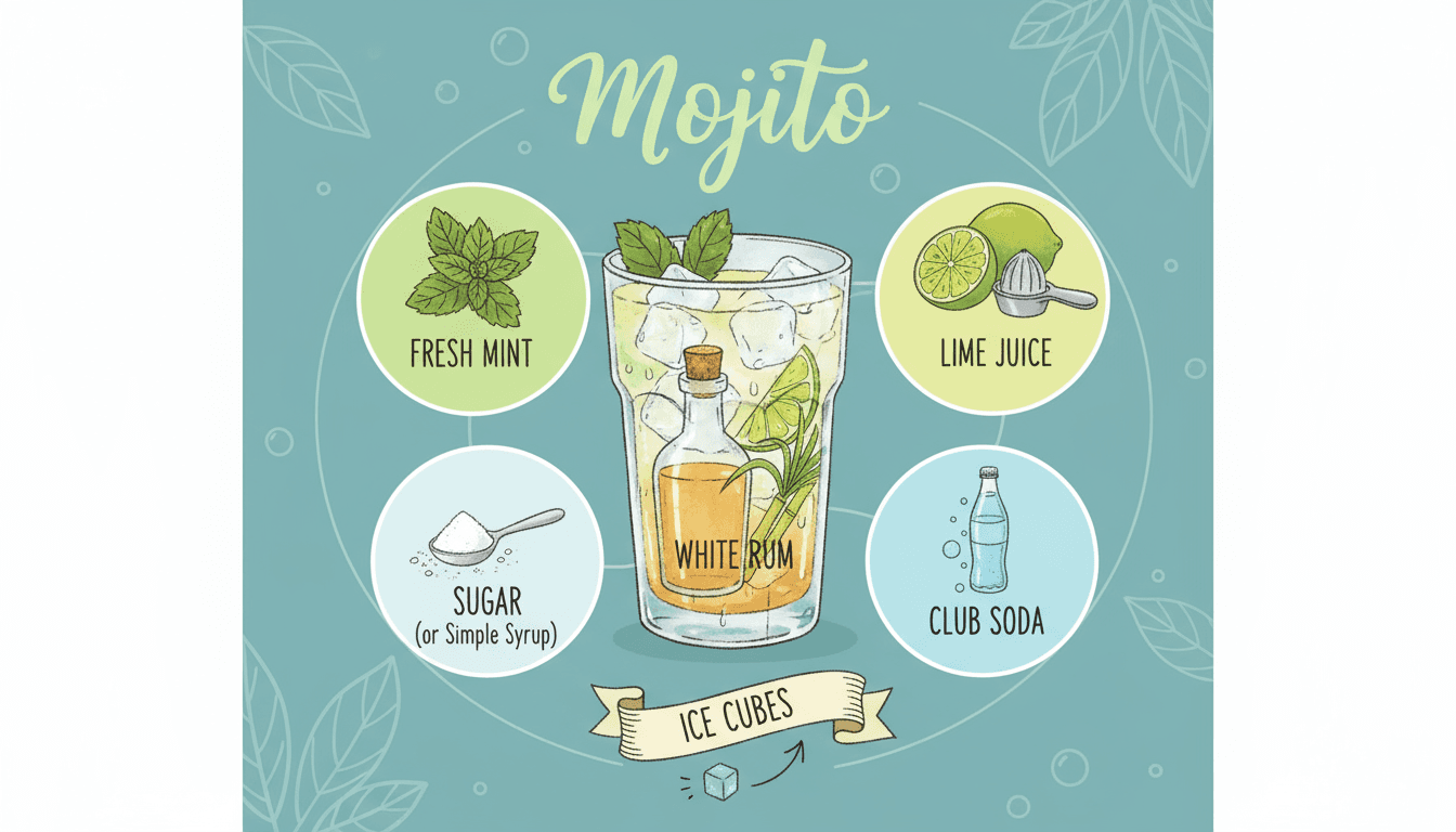 인기 칵테일 재료를 설명하는 양식화된 인포그래픽 일러스트.