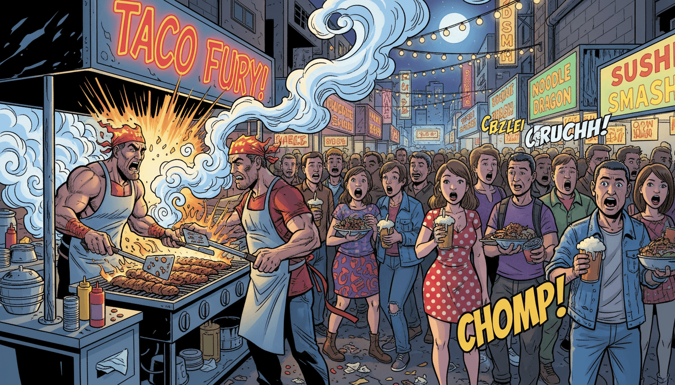 타코 가게가 있는 북적이는 길거리 음식 시장을 대담한 만화 스타일로 그린 일러스트.