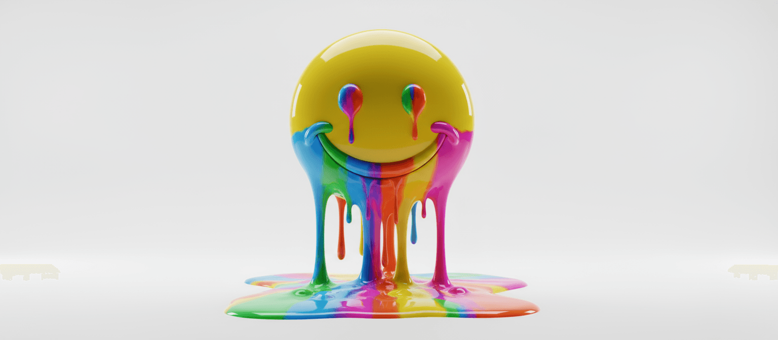 녹아내리는 스마일 이모티콘의 3D 실사 렌더링, 흰색 배경에 생생한 색상이 흐르는 모습.