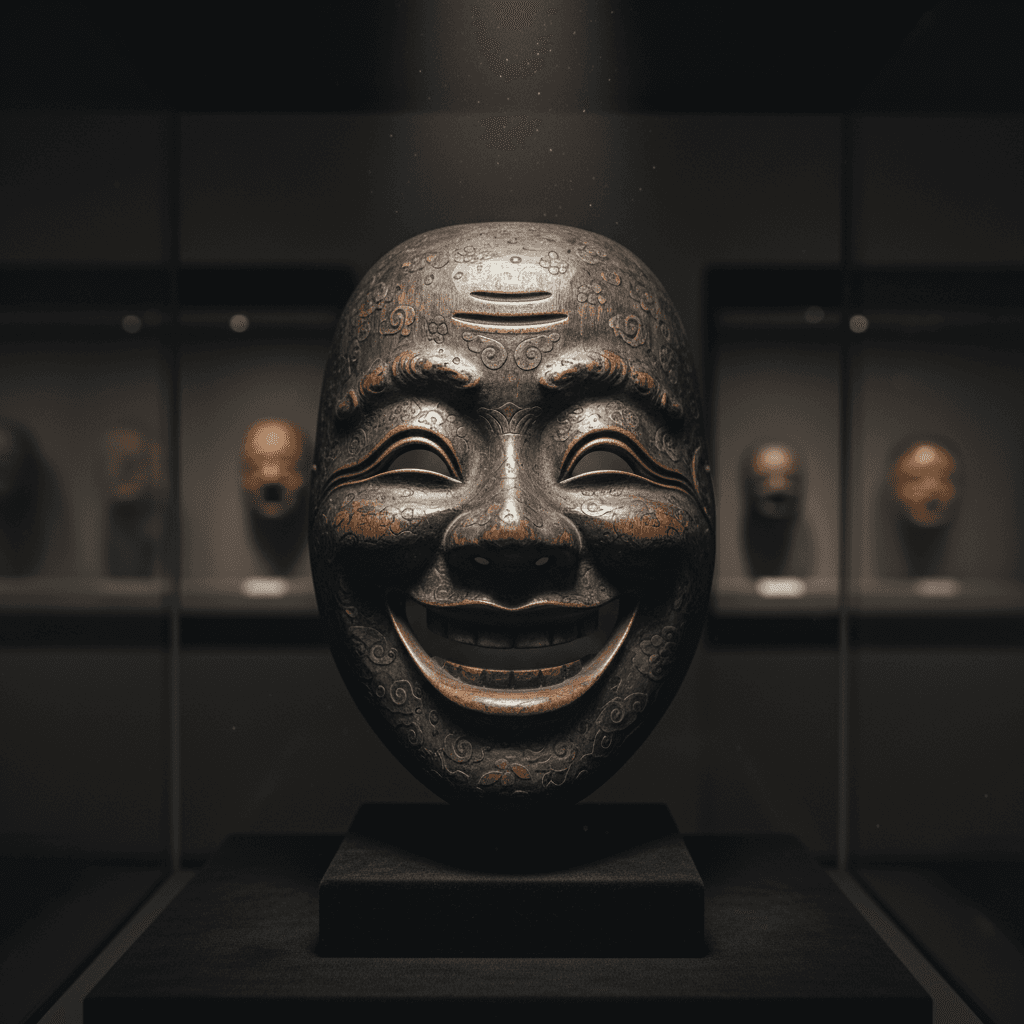 웃는 이모지 모양의 노 가면이 오래된 나무로 제작되어 박물관에 전시되어 있다.