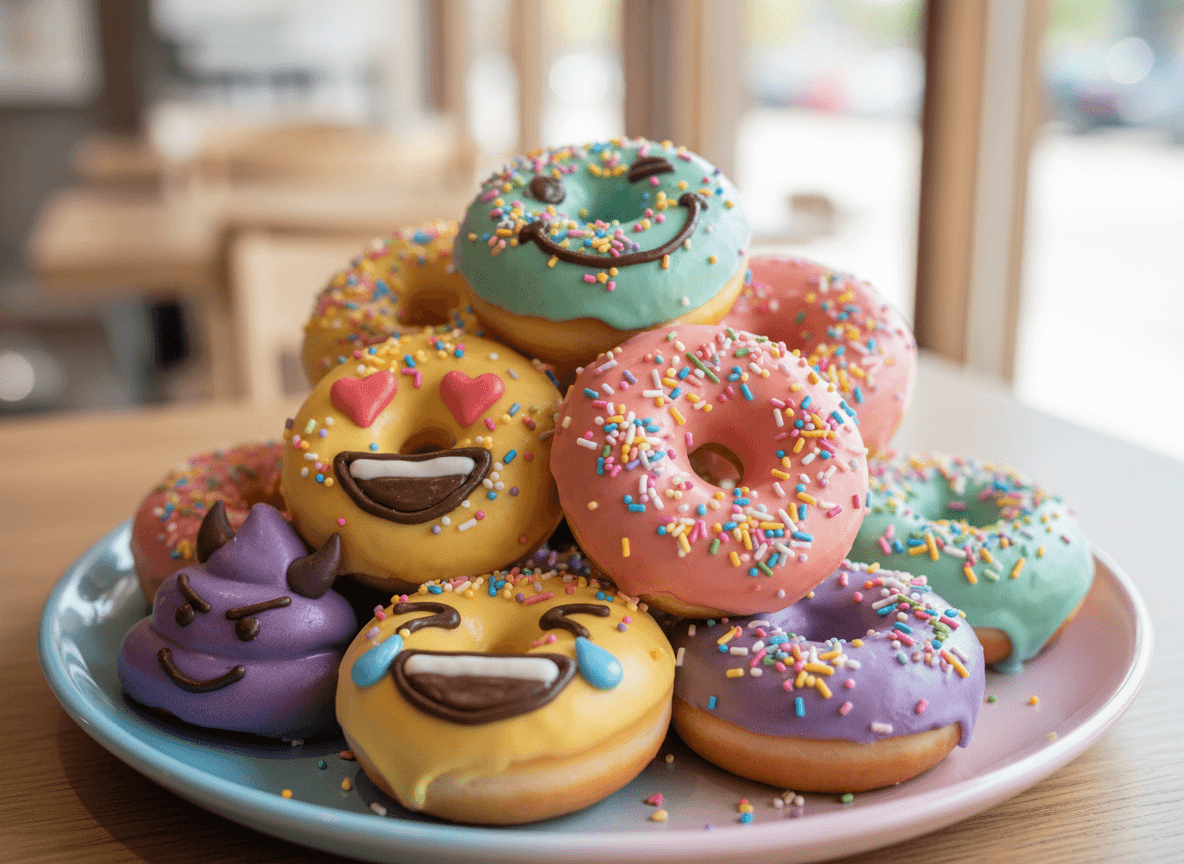 파스텔 접시에 밝은 유약과 설탕을 뿌려 장식된 이모지 모양 도넛 더미.