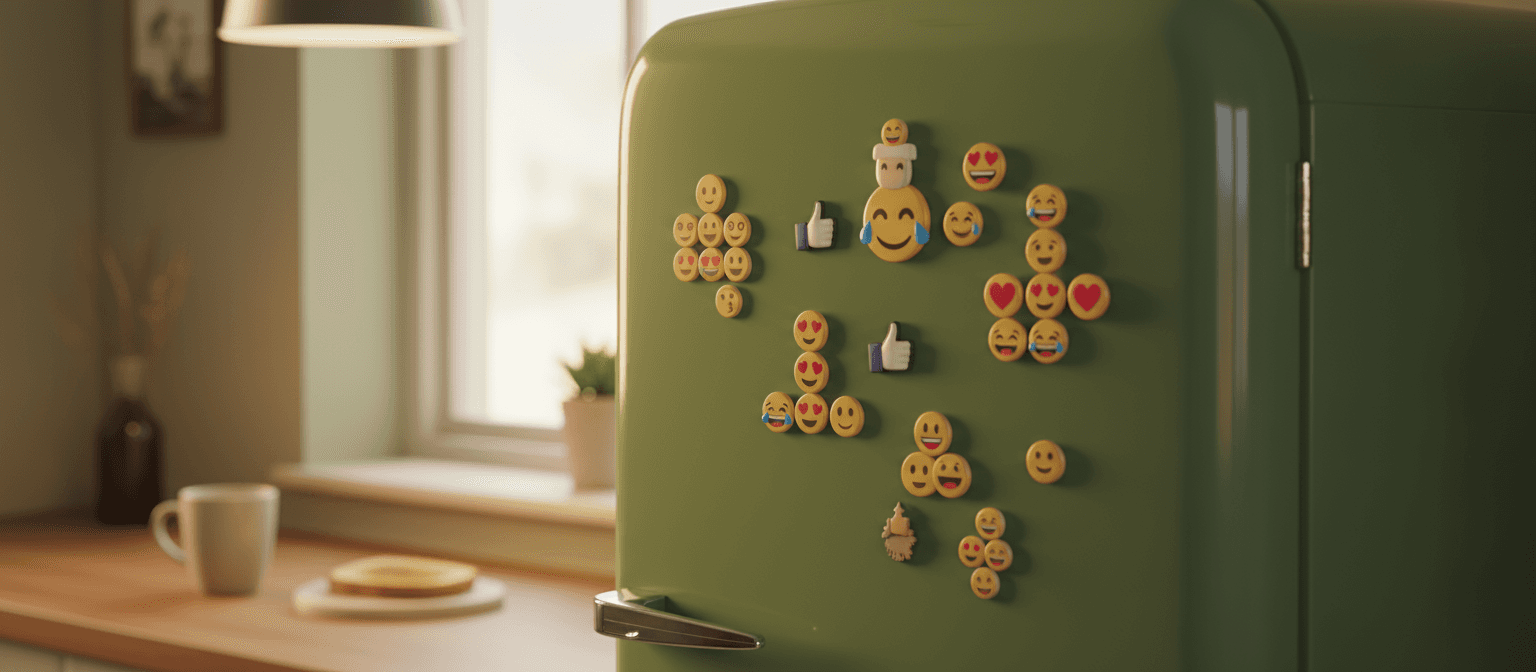 따뜻한 주방 조명을 반사하는 레트로 스타일 냉장고 문에 아기자기하게 배열된 다양한 이모지 자석들.