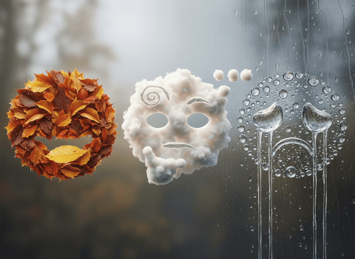 나뭇잎, 구름, 빗방울 등 자연 요소로 창의적으로 형성된 이모지 삼부작, 세부적인 질감이 돋보인다.