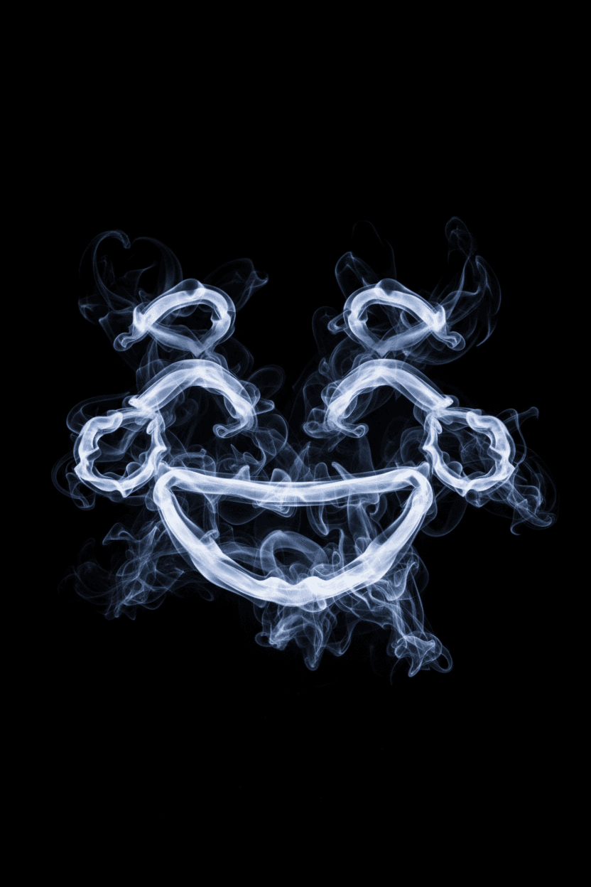 어두운 배경을 배경으로 우아하게 사라지는 섬세한 연기 고리로 형성된 웃는 이모지.