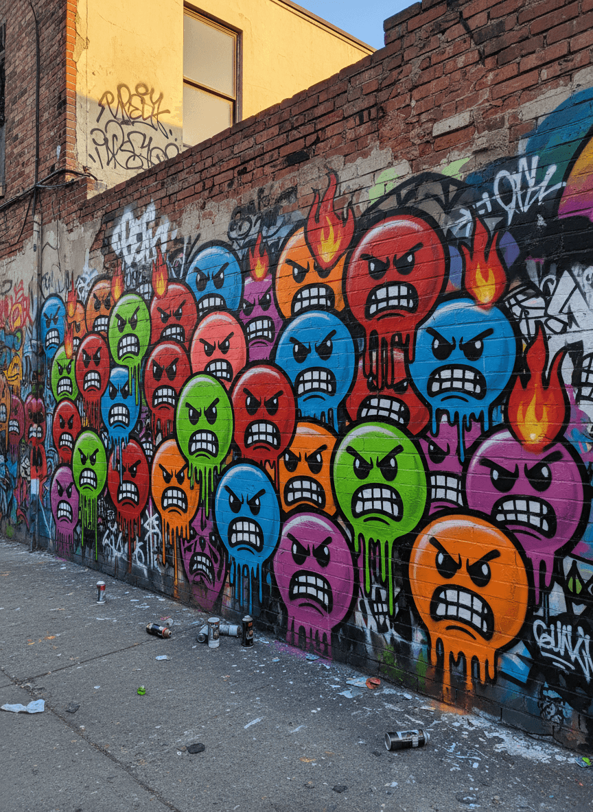 낡은 벽돌 벽에 강렬한 색상으로 스프레이 페인팅된 화난 이모지 시리즈의 역동적인 그래피티 벽화.