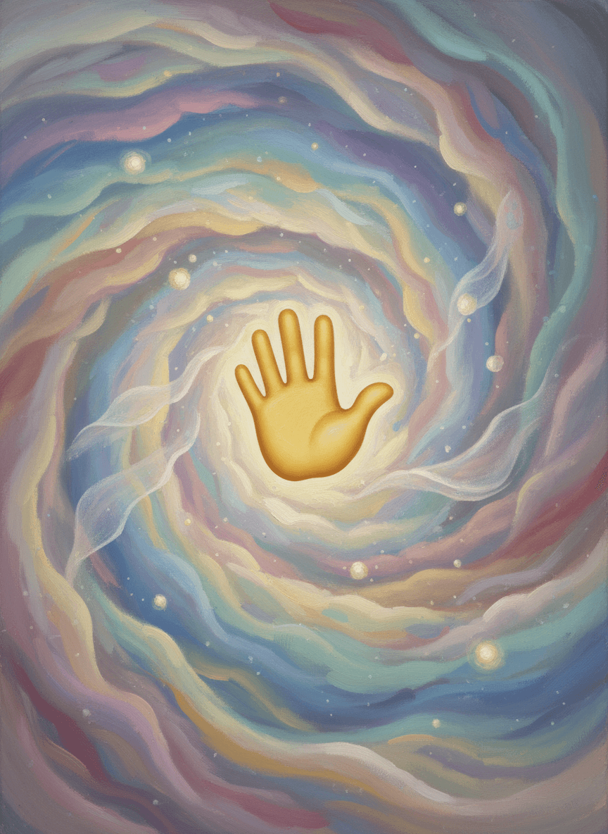 추상적인 색상의 소용돌이치는 포털에서 '손 흔드는' 이모티콘이 나타나는 초현실적인 그림.
