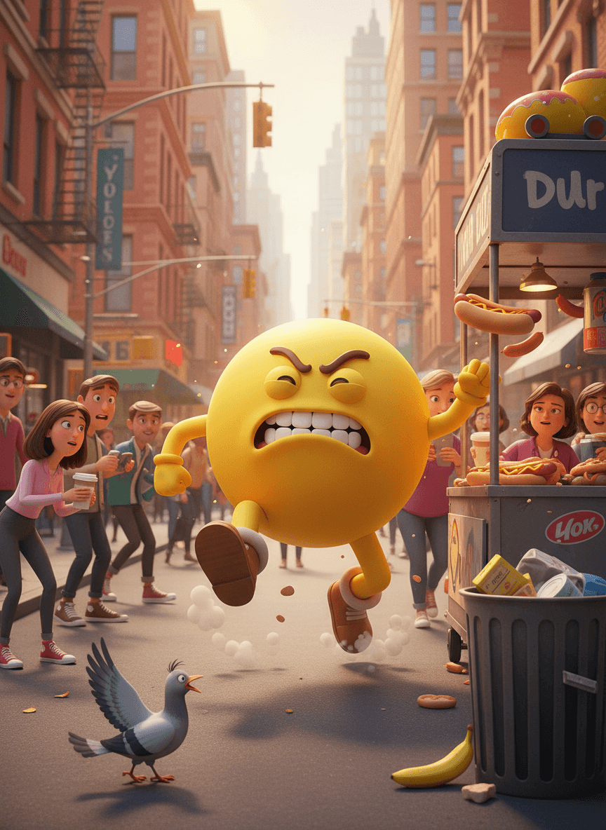 찡그린 얼굴 이모티콘 전신 코스튬을 입은 만화 캐릭터가 혼잡한 도시 거리를 어설프게 달리는 코믹한 장면.