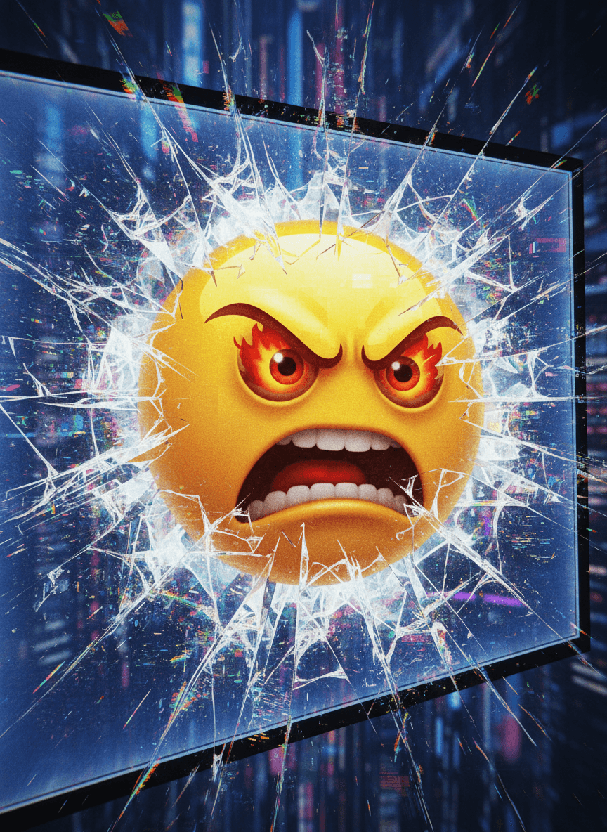 디지털 화면을 뚫고 나오는 거대한 화난 이모지, 유리 전체에 균열이 번지고 있으며 글리치 아트처럼 역동적이다.