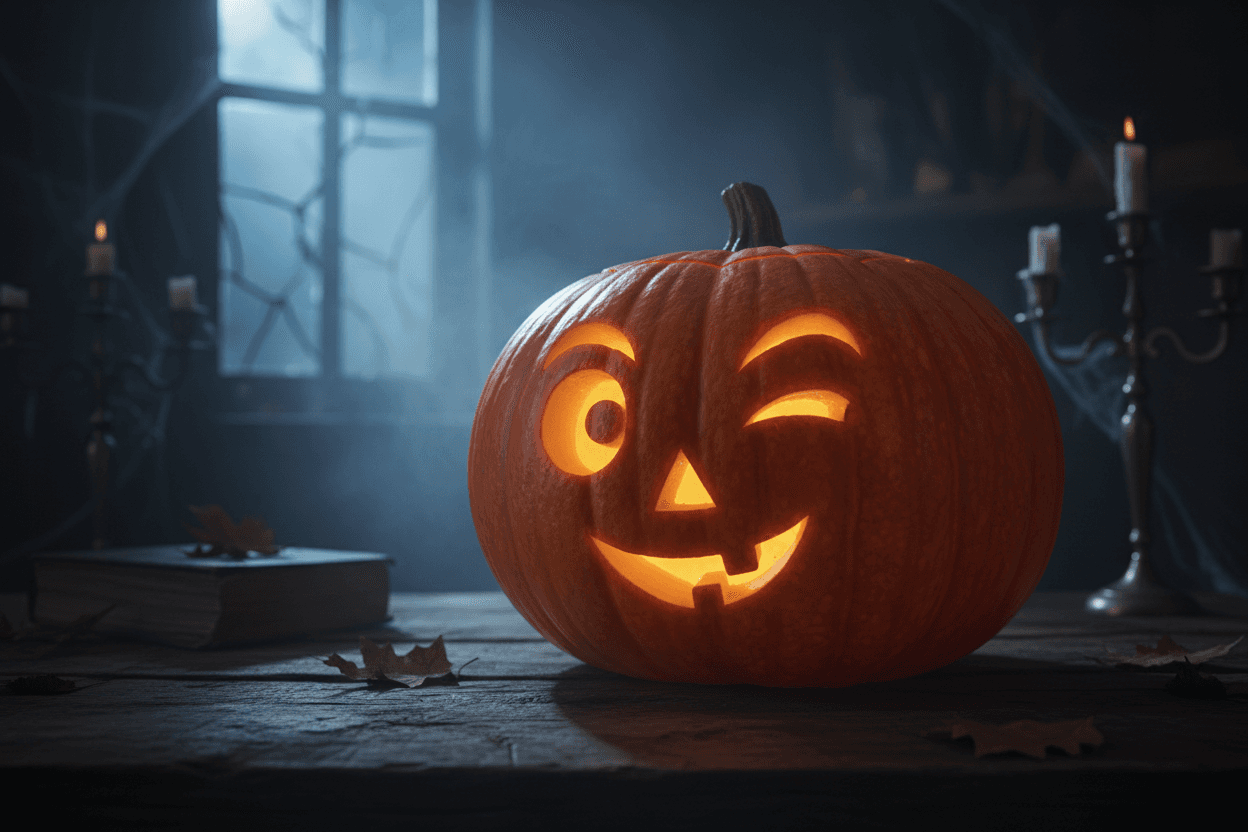 속에서 빛을 내는 윙크하는 얼굴 이모지가 새겨진 호박이 할로윈 분위기의 그림자를 드리우고 있다.