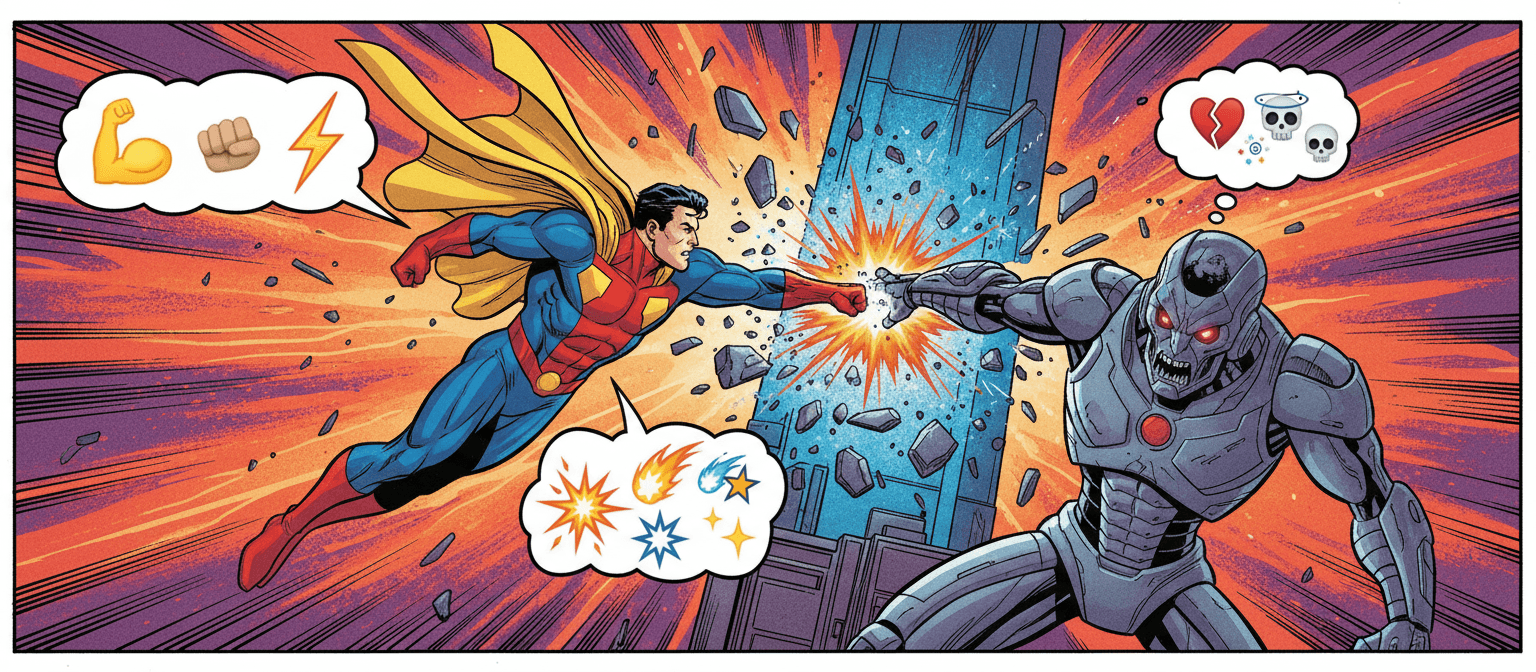 단어 대신 관련 이모티콘으로 채워진 말풍선을 가진 슈퍼히어로 캐릭터가 등장하는 만화책 패널.