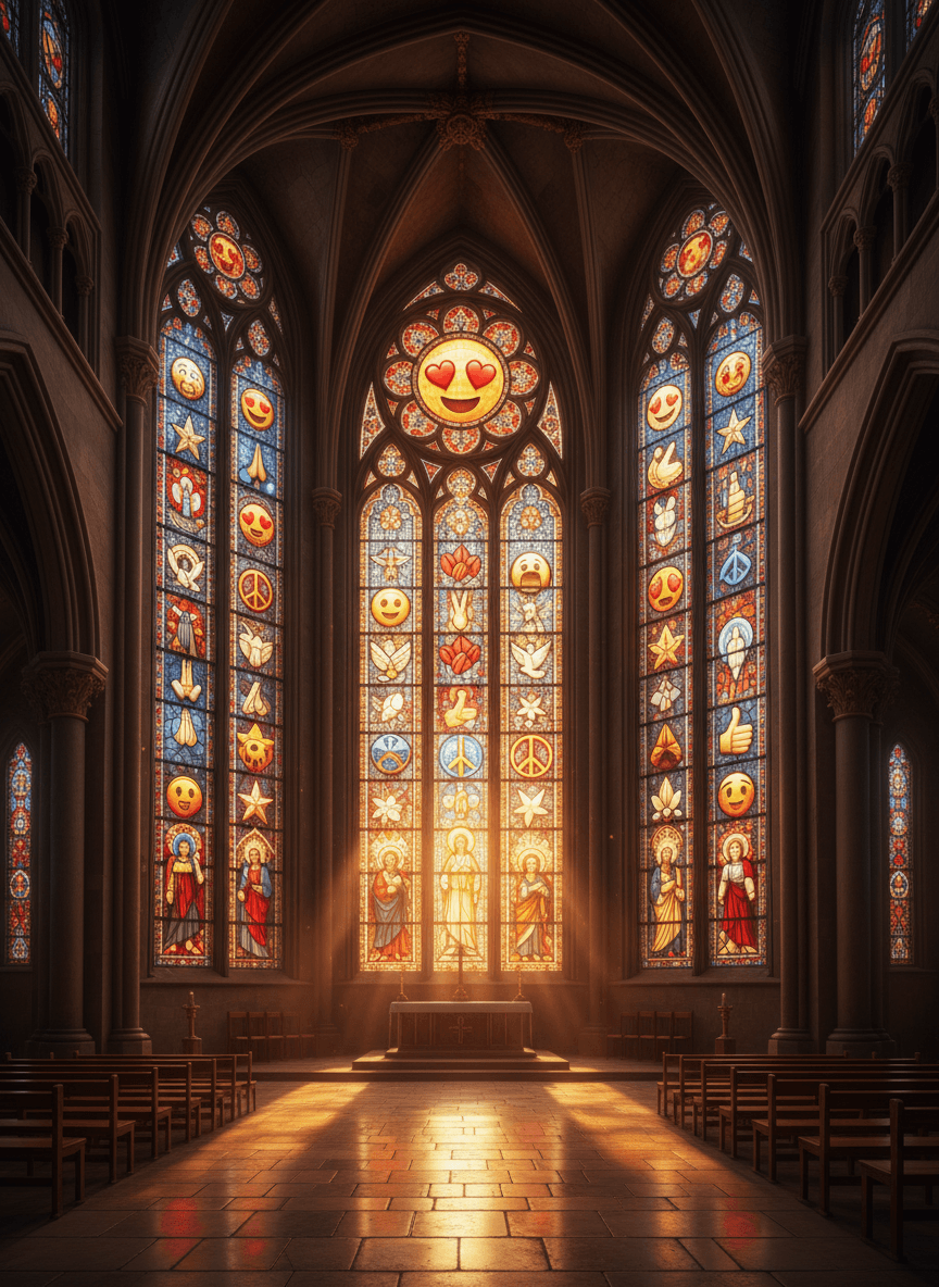 웅장한 대성당의 스테인드글라스 창문으로 아름답게 변모한 이모지들이 신성한 빛으로 빛나고 있다.