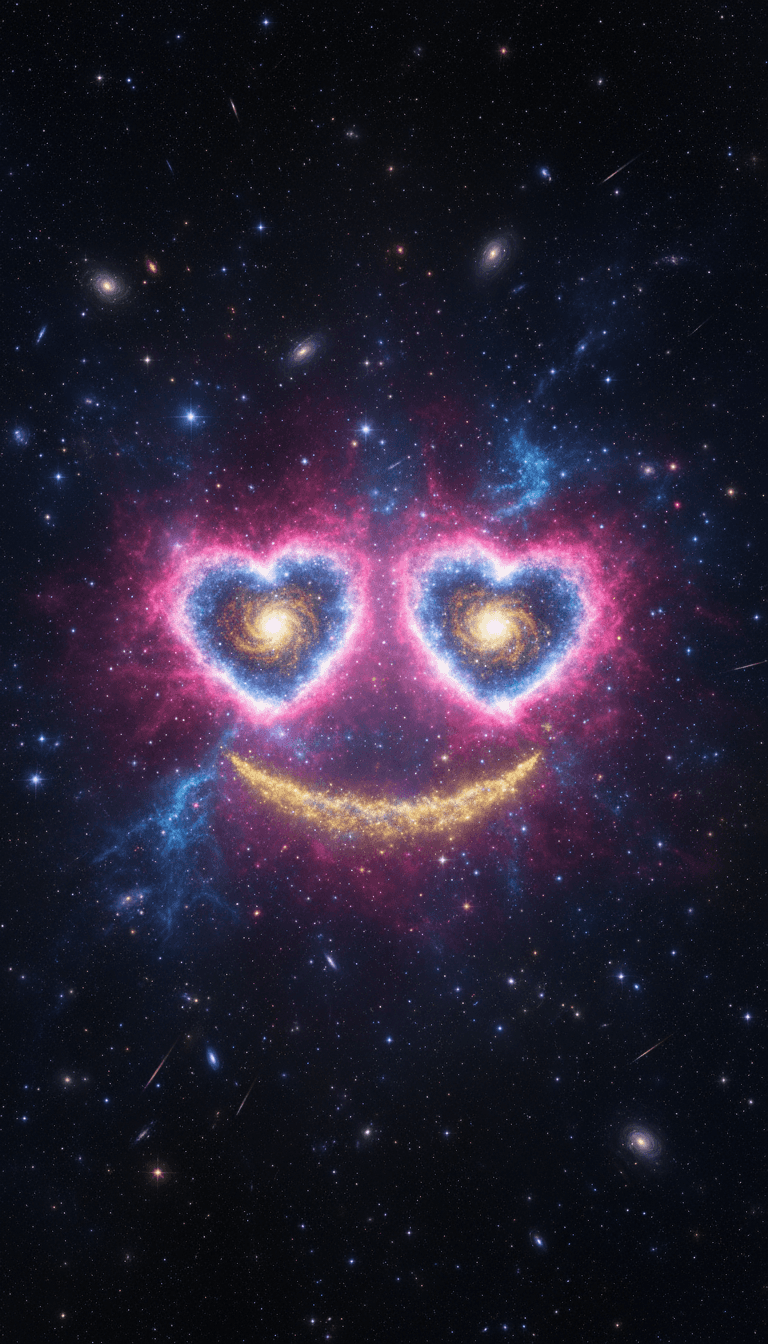 깊은 우주에서 성운과 별들로 정교하게 형성된 하트 눈 이모지.