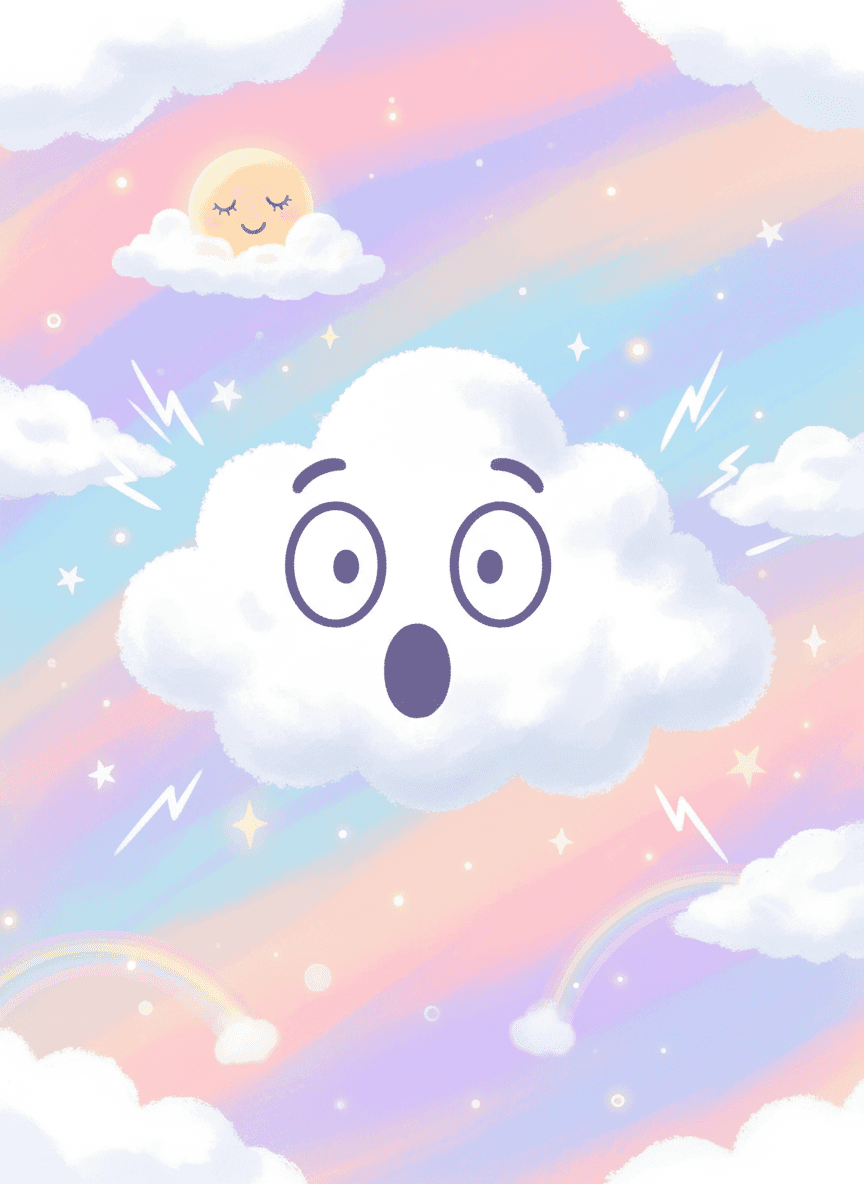 파스텔 톤 하늘에 떠 있는 구름 속에 조각된 충격받은 이모티콘의 유쾌한 만화 일러스트레이션.