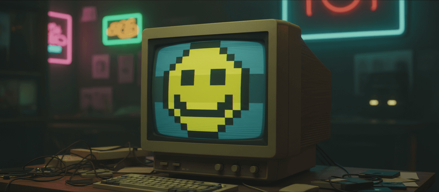 스캔라인이 보이고 레트로 미학을 지닌 오래된 CRT 모니터에 표시된 생생한 픽셀 아트 스마일 이모지.