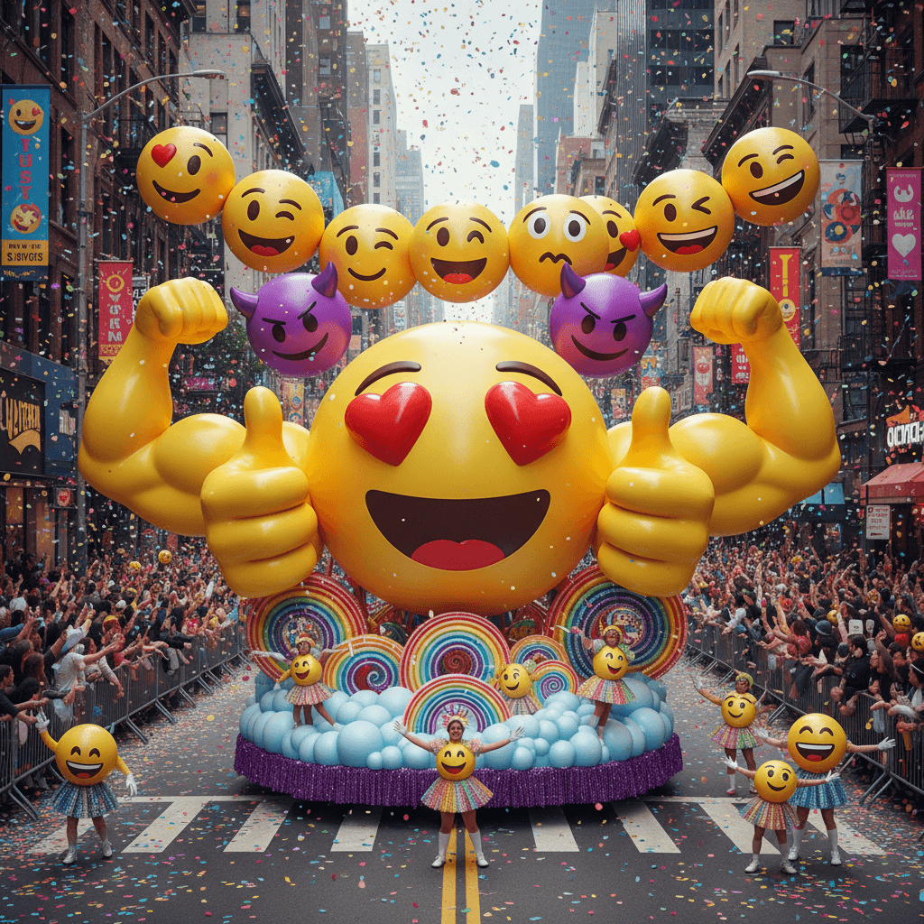거대한 풍선 행복 얼굴, 하트 눈, 엄지 척 이모지로 장식된 축제 퍼레이드 플로트가 활기찬 도시 축제 거리를 지나고 있다.