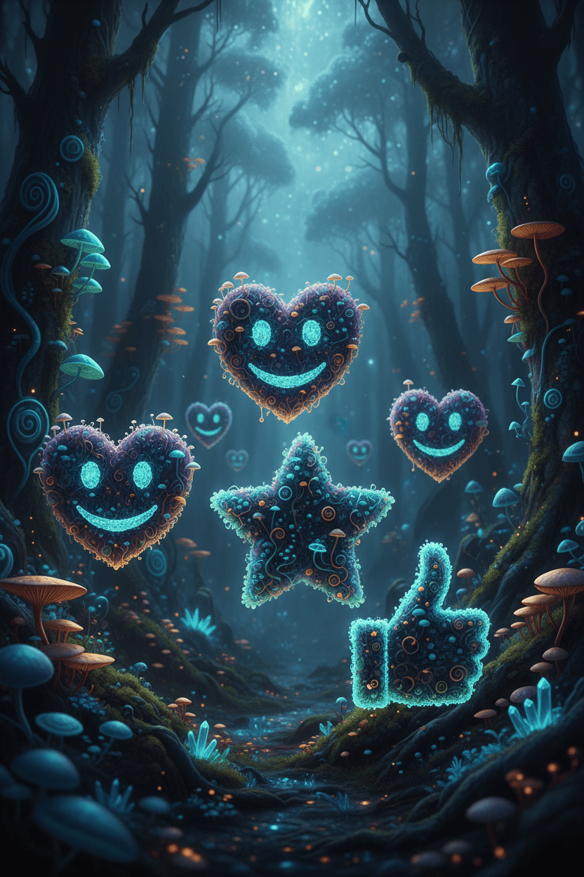 어둡고 이색적인 숲에서 부드러운 빛을 발하는 빛나는, 복잡한 생물 발광 균류로 구성된 이모지.