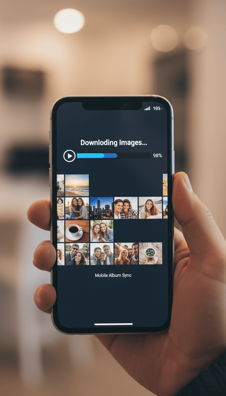 손에 든 스마트폰 화면에 다운로드 진행 표시줄과 이미지 썸네일이 보이는 모습.