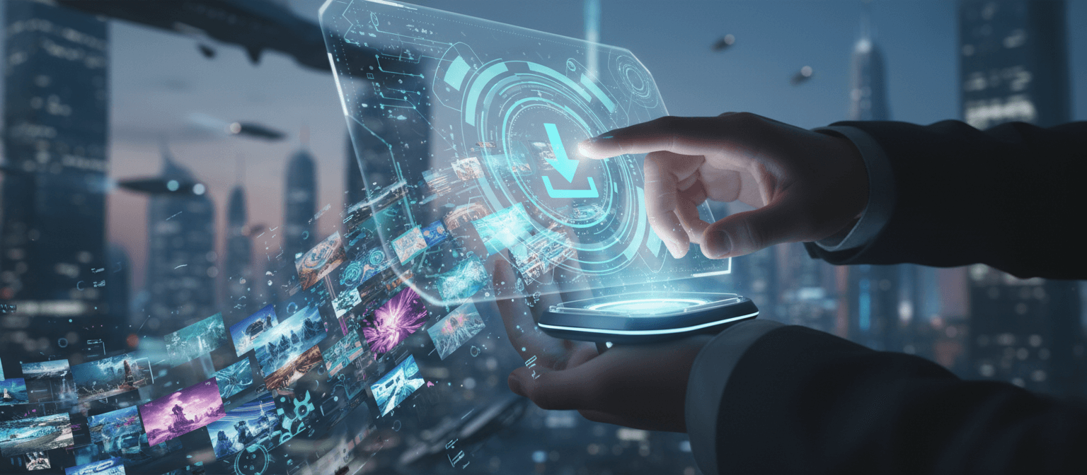 홀로그램 화면의 다운로드 아이콘을 탭하는 손가락, 아래에 이미지가 나타남.