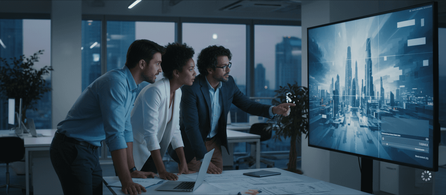 천천히 렌더링되는 이미지가 있는 큰 화면을 보는 사람들, 공유 다운로드를 시사합니다.